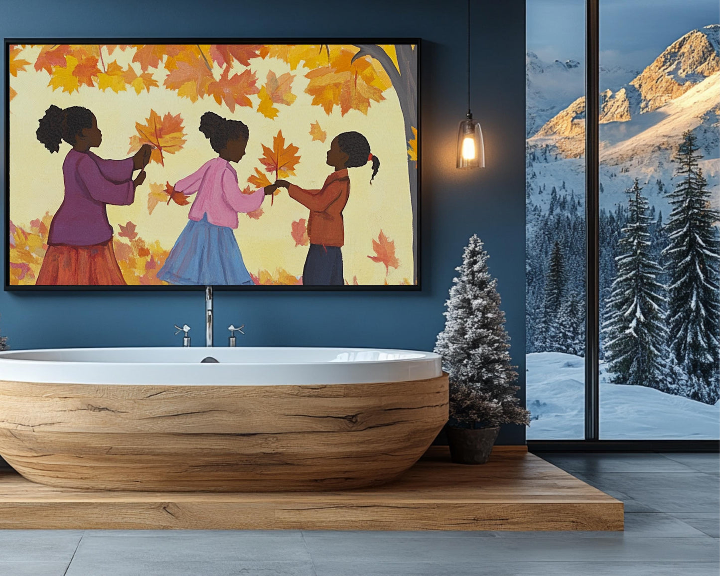 Autumn Leaves Canvas Print - Kids Room Decor with Black Children Playing | Festive Fall Home Art - MoomZee Artwork -