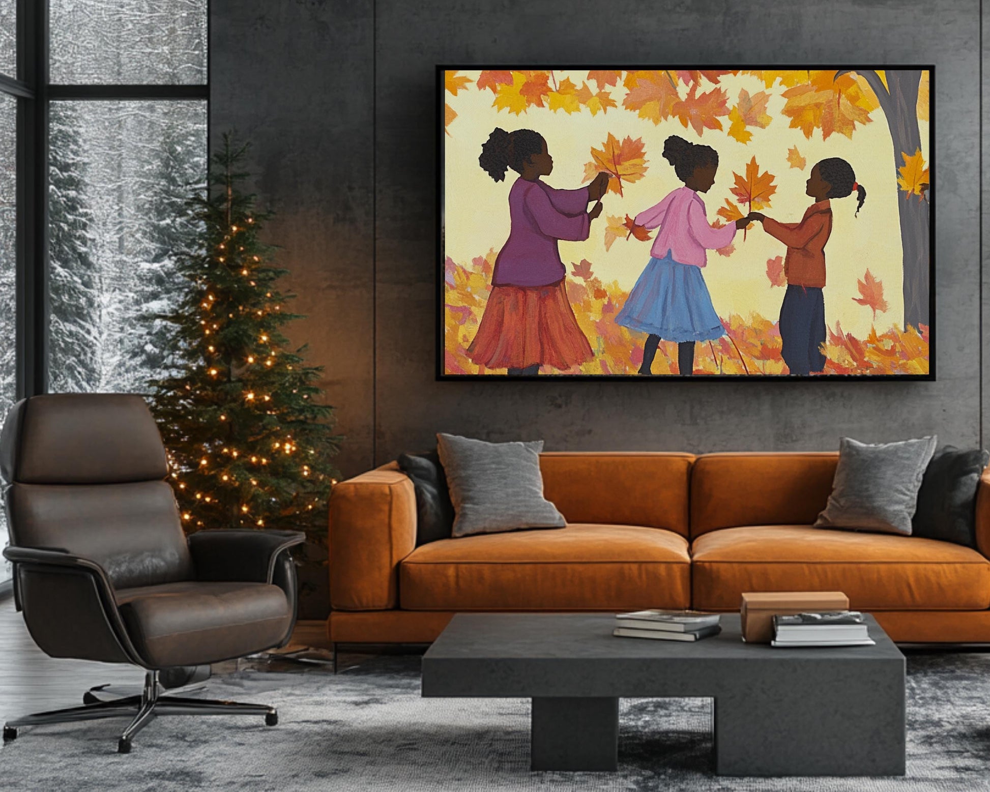 Autumn Leaves Canvas Print - Kids Room Decor with Black Children Playing | Festive Fall Home Art - MoomZee Artwork -