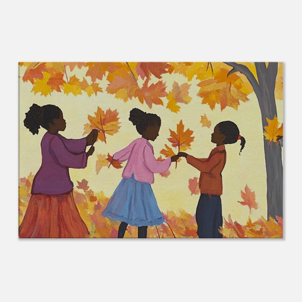 Autumn Leaves Canvas Print - Kids Room Decor with Black Children Playing | Festive Fall Home Art - MoomZee Artwork -