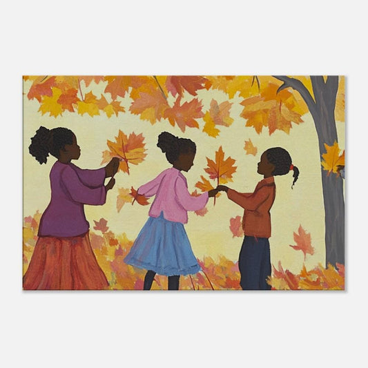 Autumn Leaves Canvas Print - Kids Room Decor with Black Children Playing | Festive Fall Home Art - MoomZee Artwork -