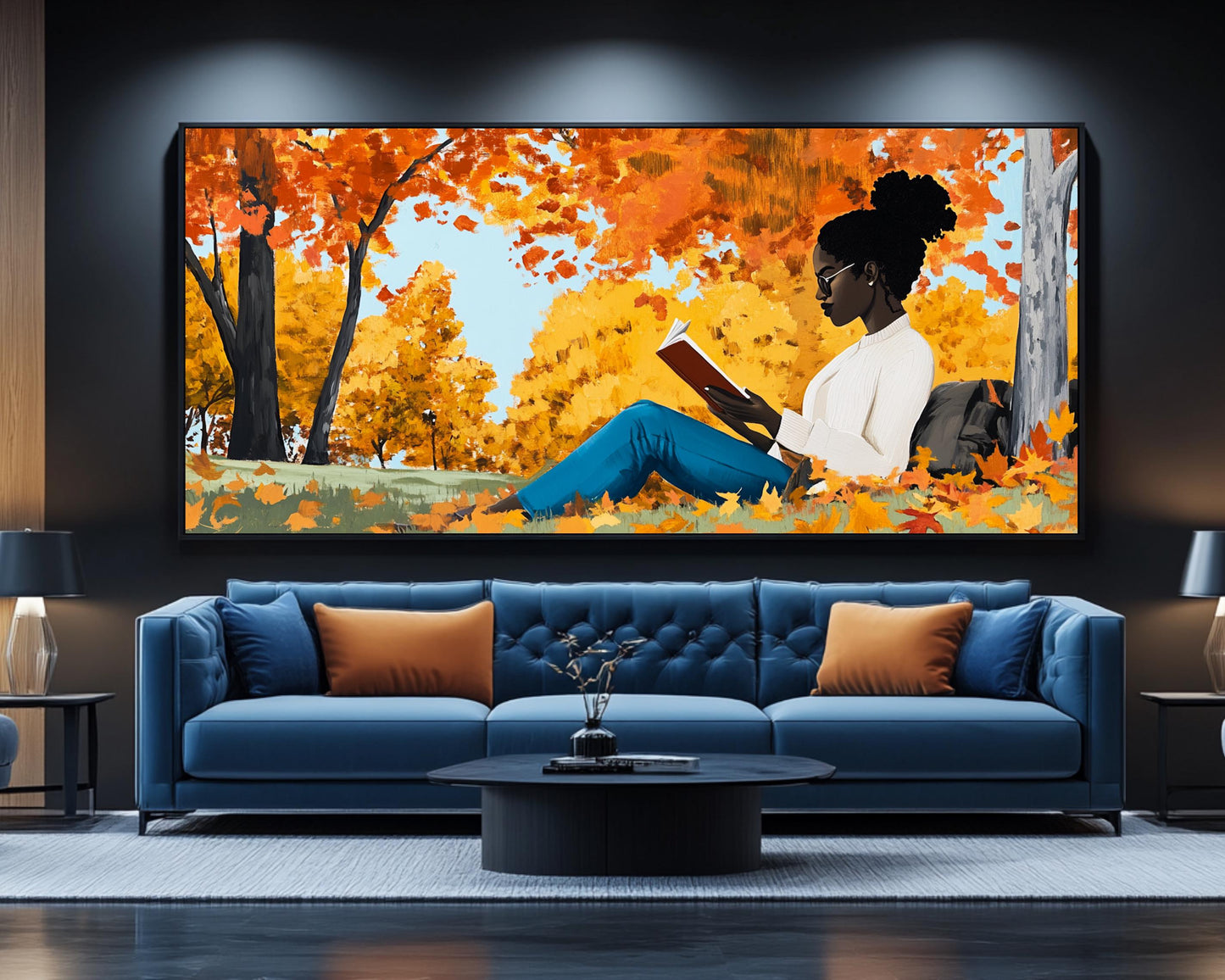 Autumn Serenity Canvas Print - Black Woman Reading Under Fall Trees for Cozy Reading Nooks Decor - MoomZee Artwork -