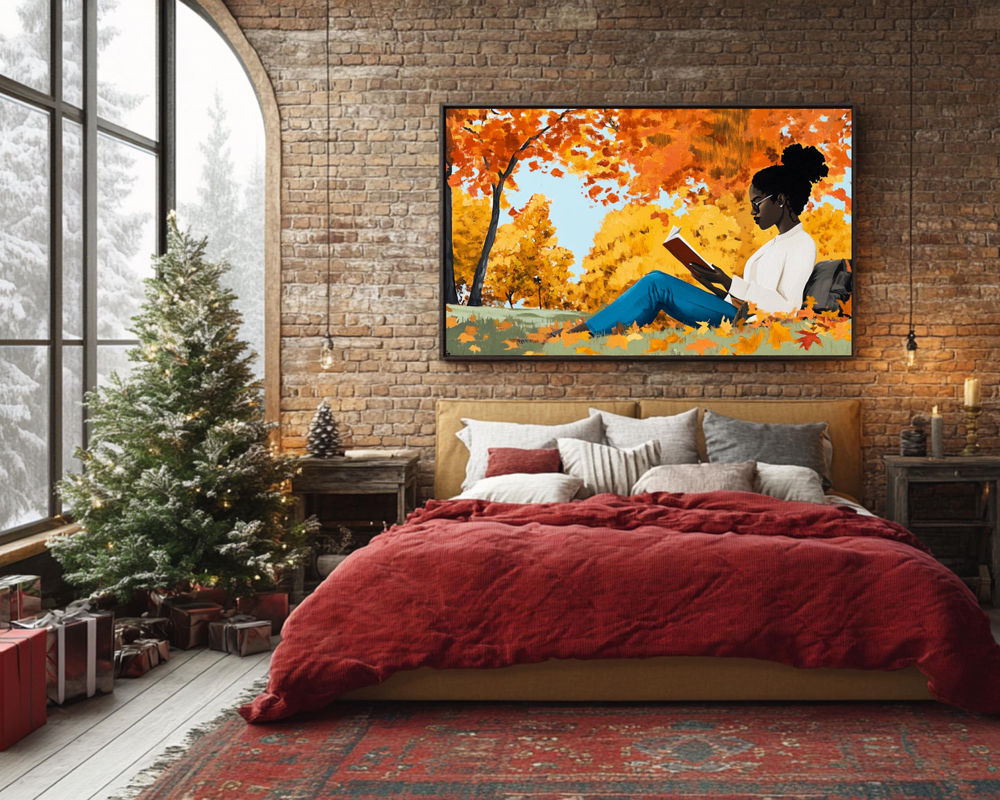 Autumn Serenity Canvas Print - Black Woman Reading Under Fall Trees for Cozy Reading Nooks Decor - MoomZee Artwork -