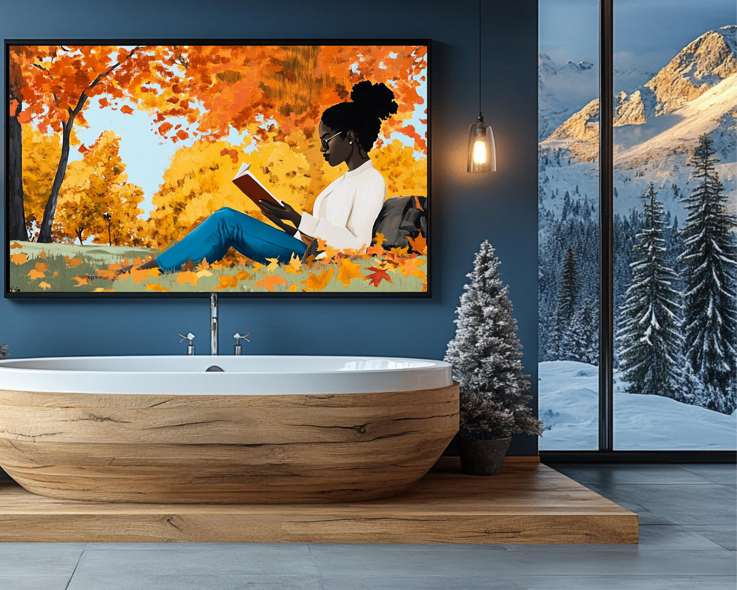 Autumn Serenity Canvas Print - Black Woman Reading Under Fall Trees for Cozy Reading Nooks Decor - MoomZee Artwork -