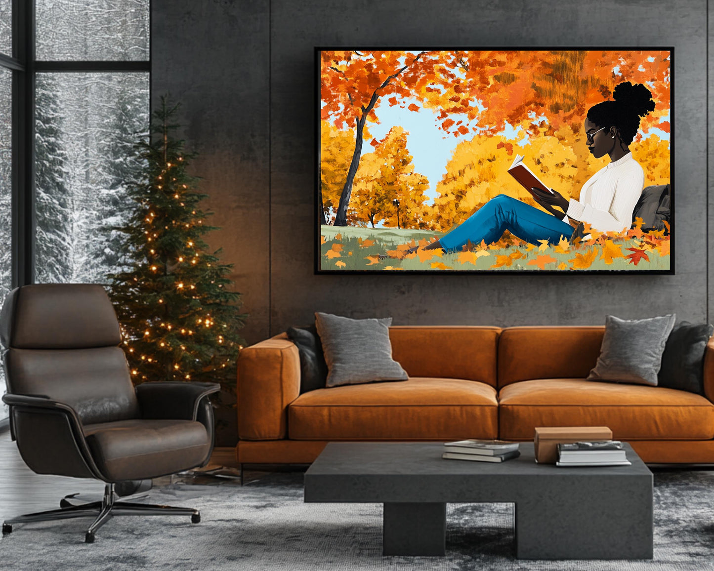 Autumn Serenity Canvas Print - Black Woman Reading Under Fall Trees for Cozy Reading Nooks Decor - MoomZee Artwork -