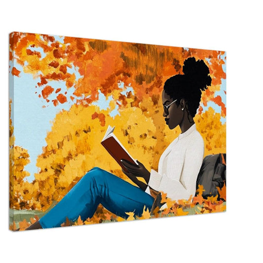 Autumn Serenity Canvas Print - Black Woman Reading Under Fall Trees for Cozy Reading Nooks Decor - MoomZee Artwork -