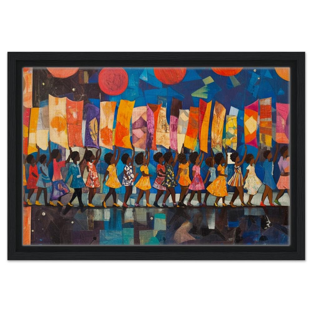 Black Children Marching Framed Canvas Print - Unity & Strength Art for Living Rooms & Kids' Spaces - MoomZee Artwork -