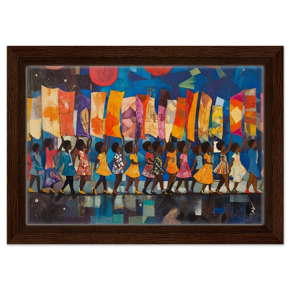 Black Children Marching Framed Canvas Print - Unity & Strength Art for Living Rooms & Kids' Spaces - MoomZee Artwork -