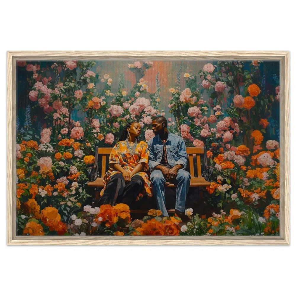 Black Couple Floral Garden Canvas Print - African American Love Art for Home Decor - Ideal Bedroom, Living Room, or Office Wall Art - MoomZee Artwork -