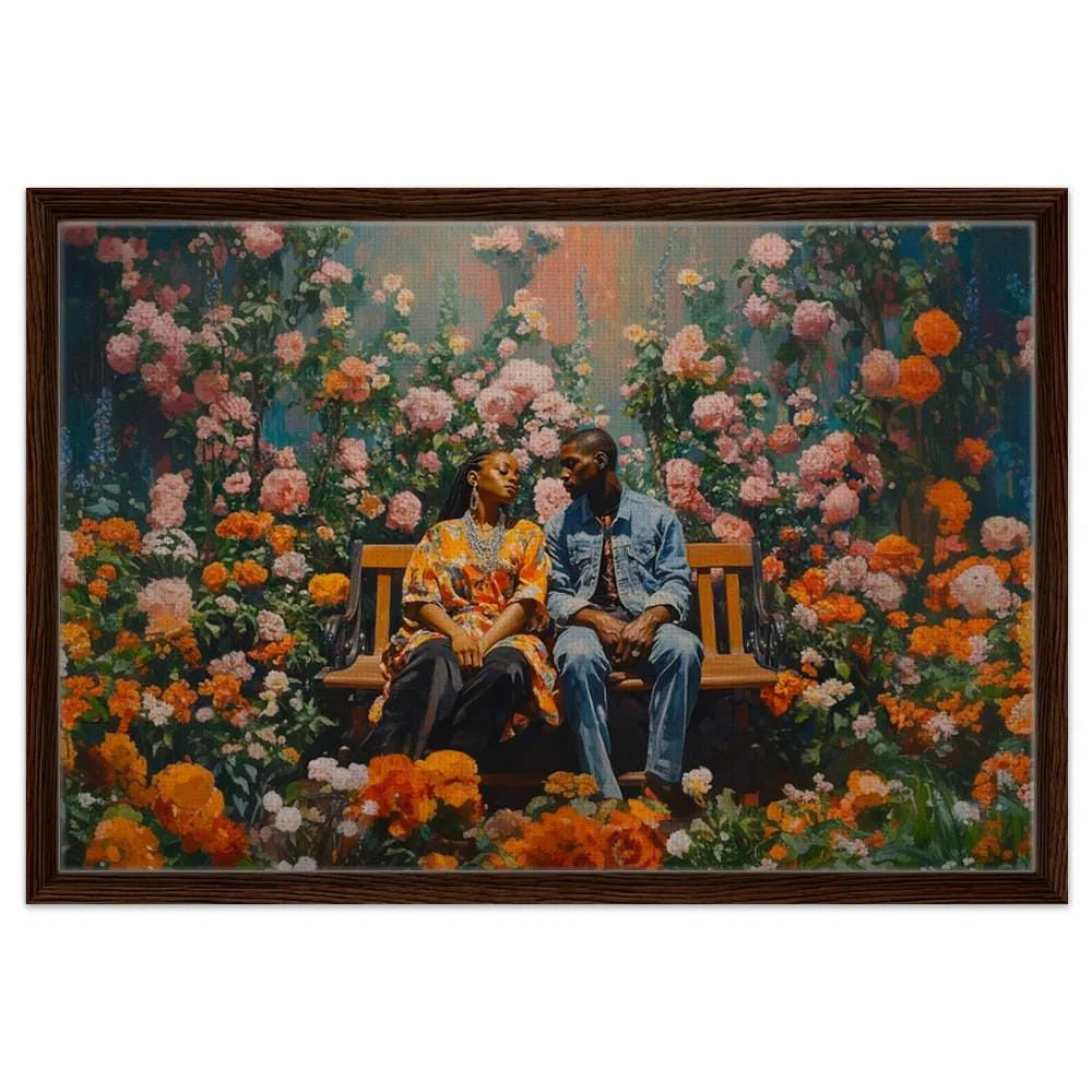 Black Couple Floral Garden Canvas Print - African American Love Art for Home Decor - Ideal Bedroom, Living Room, or Office Wall Art - MoomZee Artwork -