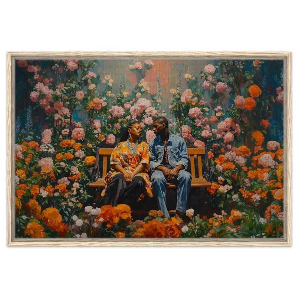 Black Couple Floral Garden Canvas Print - African American Love Art for Home Decor - Ideal Bedroom, Living Room, or Office Wall Art - MoomZee Artwork -