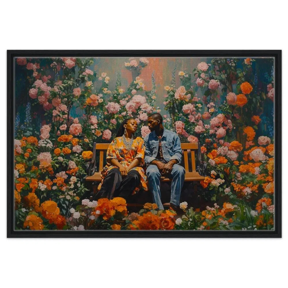 Black Couple Floral Garden Canvas Print - African American Love Art for Home Decor - Ideal Bedroom, Living Room, or Office Wall Art - MoomZee Artwork -