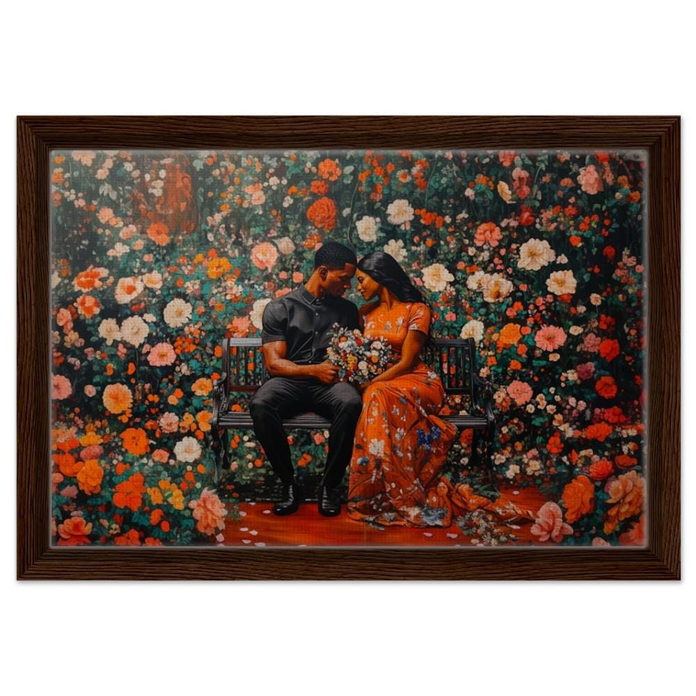 Black Couple Garden Canvas Print - Romantic Home Decor for Living Room & Bedroom - African American Love Story Art - Perfect Wedding & Anniversary Gift - MoomZee Artwork -