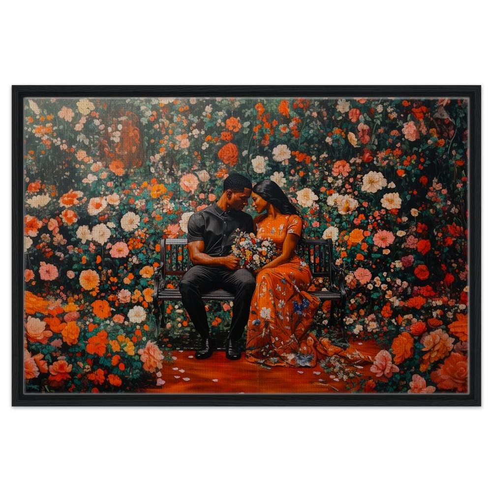 Black Couple Garden Canvas Print - Romantic Home Decor for Living Room & Bedroom - African American Love Story Art - Perfect Wedding & Anniversary Gift - MoomZee Artwork -