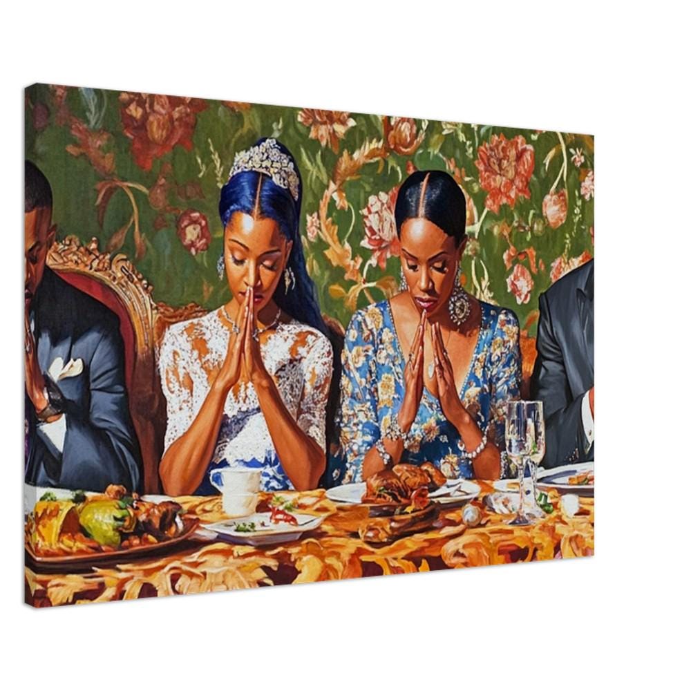 Black Family Prayer Canvas Print - African American Home Decor for Living Room or Dining Room - MoomZee Artwork -