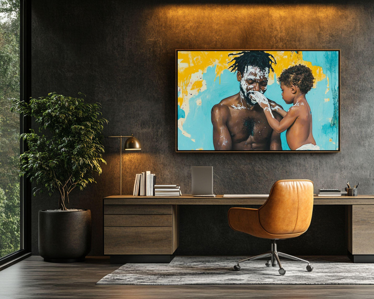 Black Father and Child Canvas Print - Heartwarming Family Moment Nursery Wall Art for Family Room Decor - MoomZee Artwork -