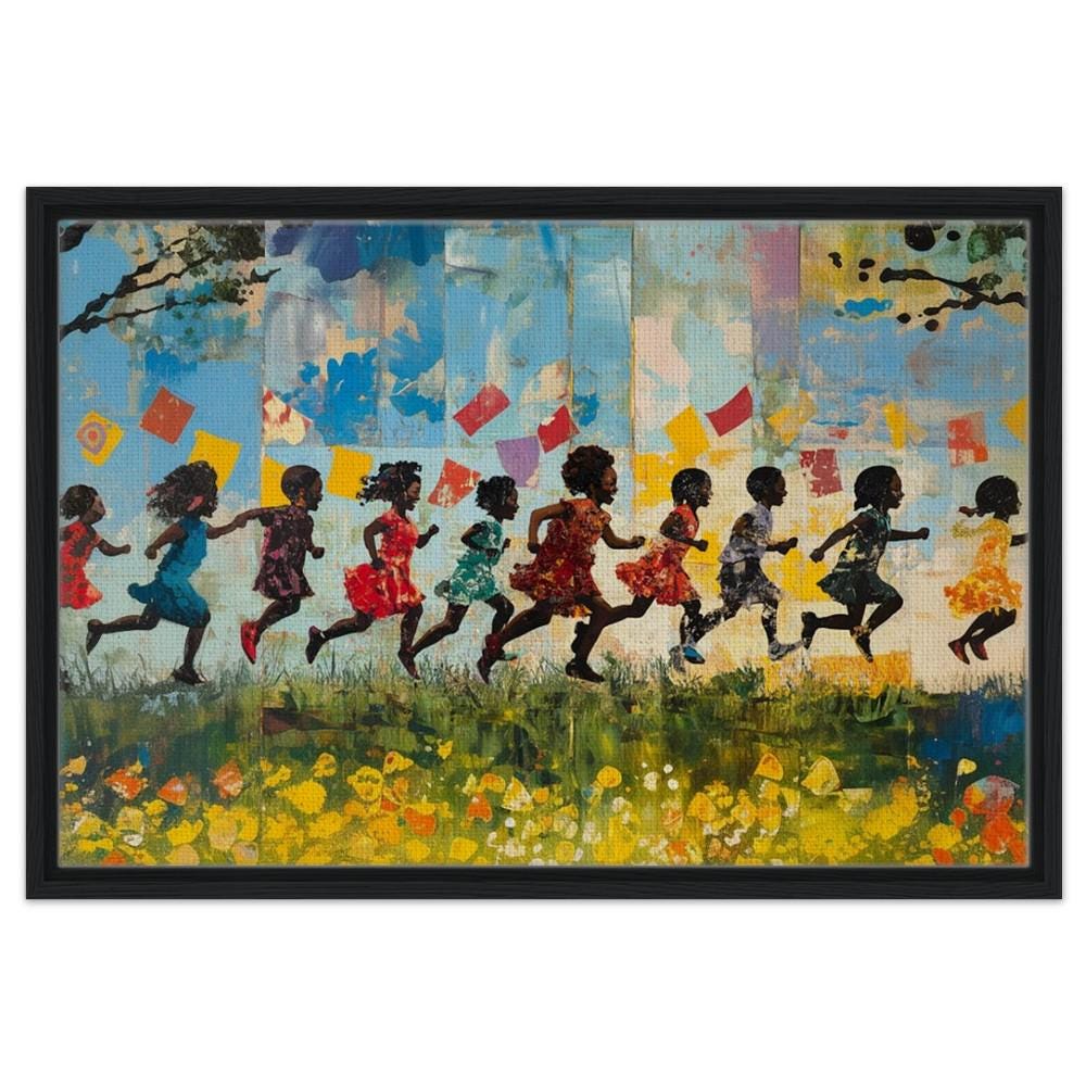 Black Joy & Childhood Framed Canvas Print - Vibrant Kids Room Decor Art - MoomZee Artwork -