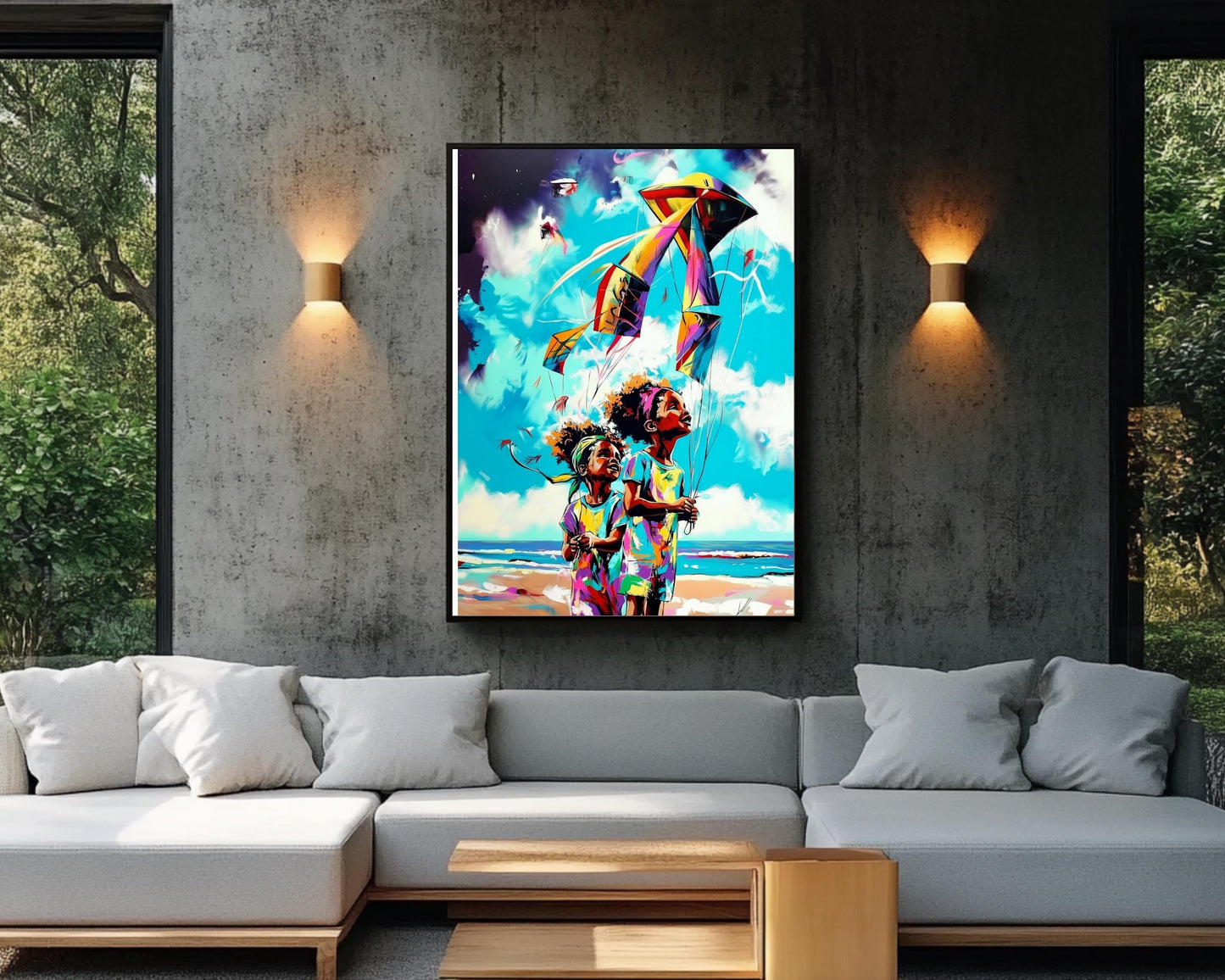 Black Kids Flying Kites | African American Art | Colorful Abstract Canvas Print | Joyful Childhood Art | Beach Wall Art - MoomZee Artwork -