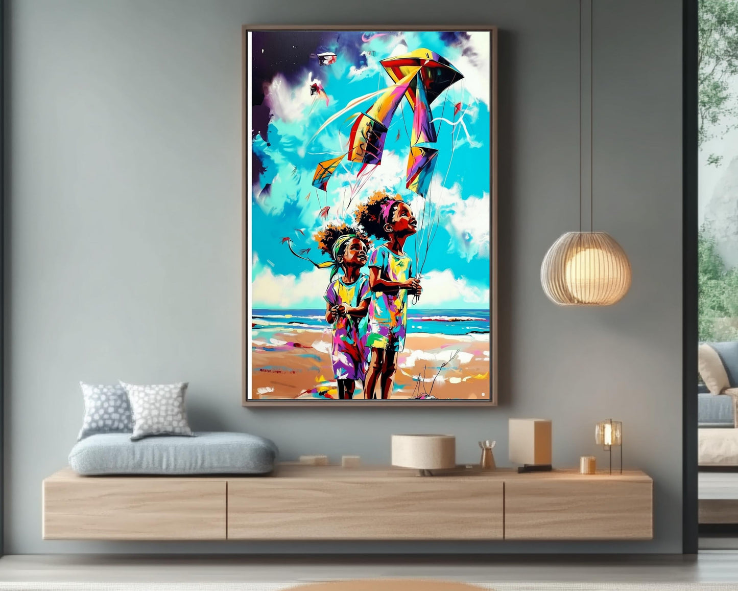 Black Kids Flying Kites | African American Art | Colorful Abstract Canvas Print | Joyful Childhood Art | Beach Wall Art - MoomZee Artwork -