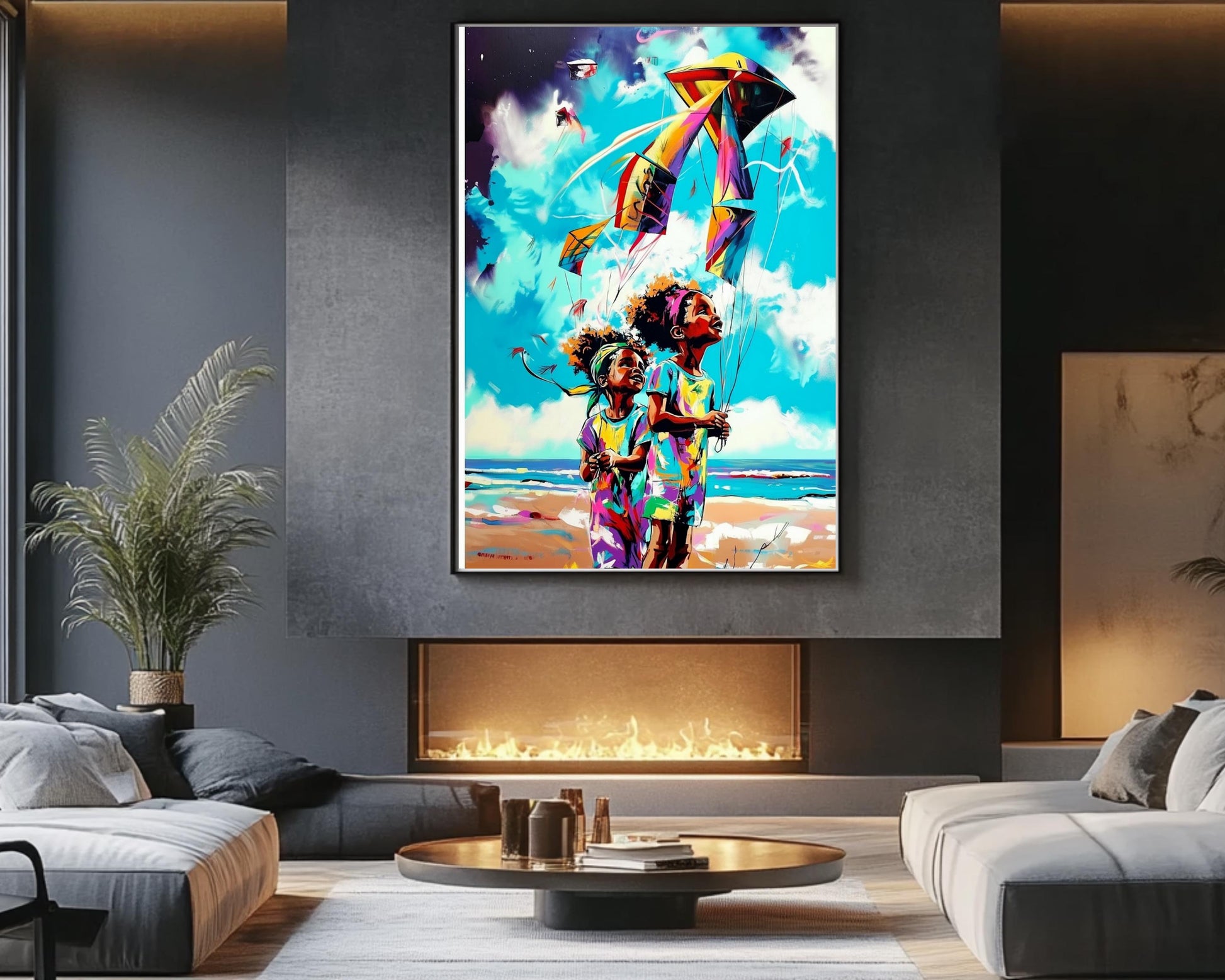 Black Kids Flying Kites | African American Art | Colorful Abstract Canvas Print | Joyful Childhood Art | Beach Wall Art - MoomZee Artwork -