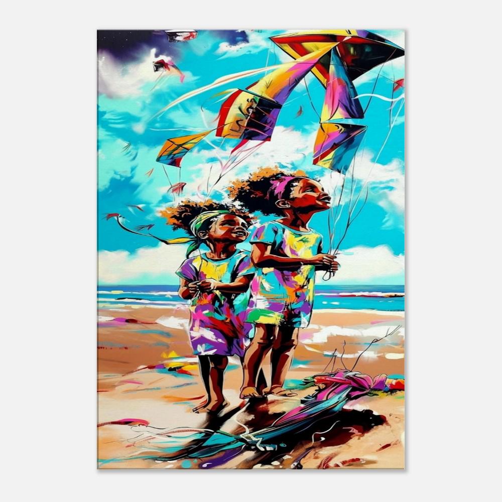 Black Kids Flying Kites | African American Art | Colorful Abstract Canvas Print | Joyful Childhood Art | Beach Wall Art - MoomZee Artwork -