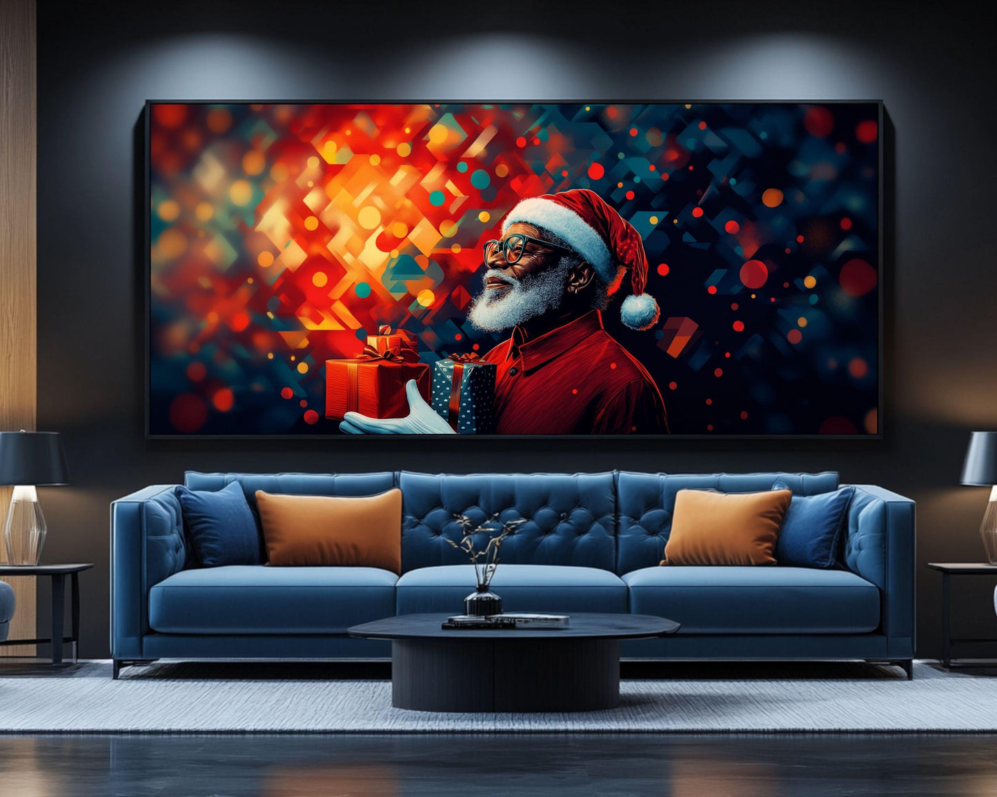 Black Santa Abstract Christmas Canvas Print - Holiday Wall Decor for Living Room - MoomZee Artwork -