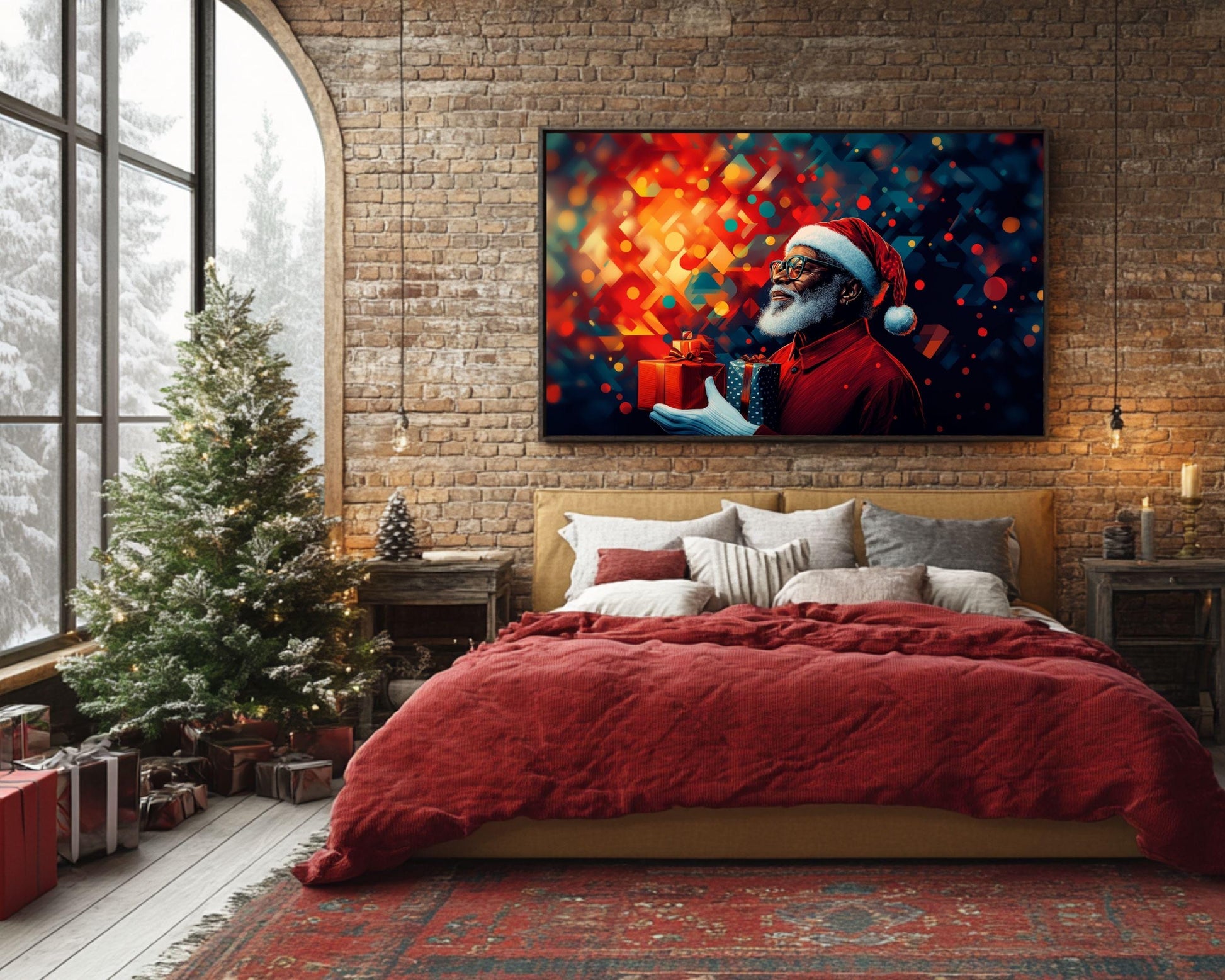 Black Santa Abstract Christmas Canvas Print - Holiday Wall Decor for Living Room - MoomZee Artwork -