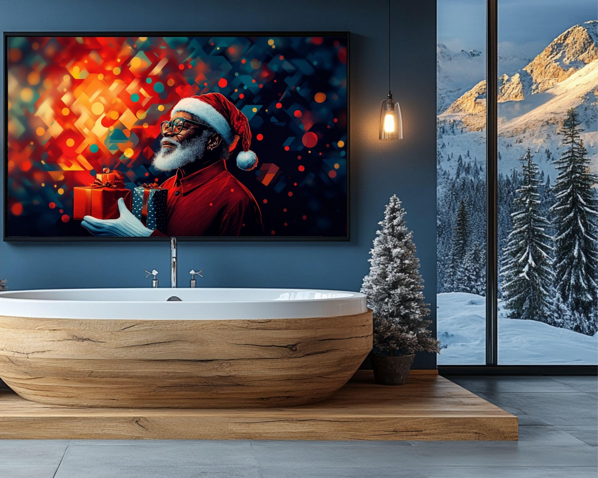 Black Santa Abstract Christmas Canvas Print - Holiday Wall Decor for Living Room - MoomZee Artwork -