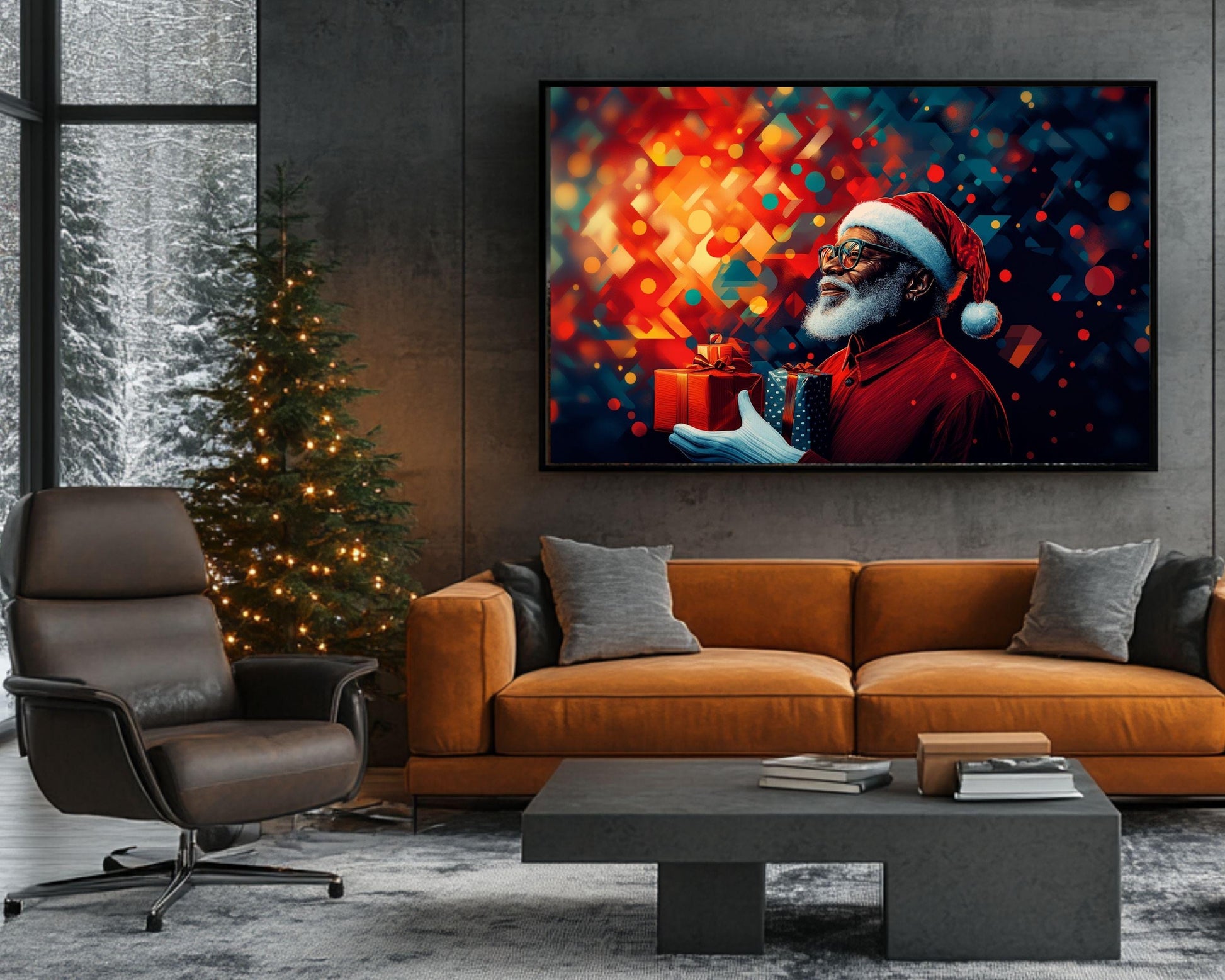 Black Santa Abstract Christmas Canvas Print - Holiday Wall Decor for Living Room - MoomZee Artwork -