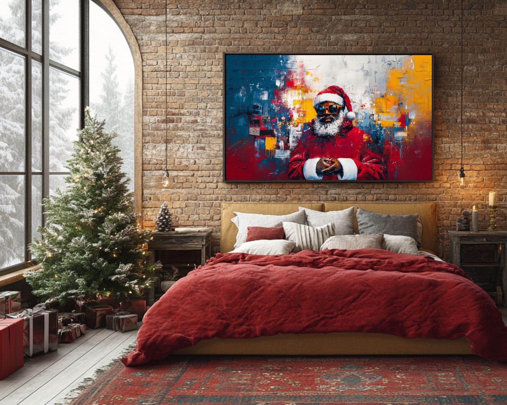 Black Santa Canvas Print - Basquiat-Inspired Urban Christmas Art for Living Room Decor - MoomZee Artwork -