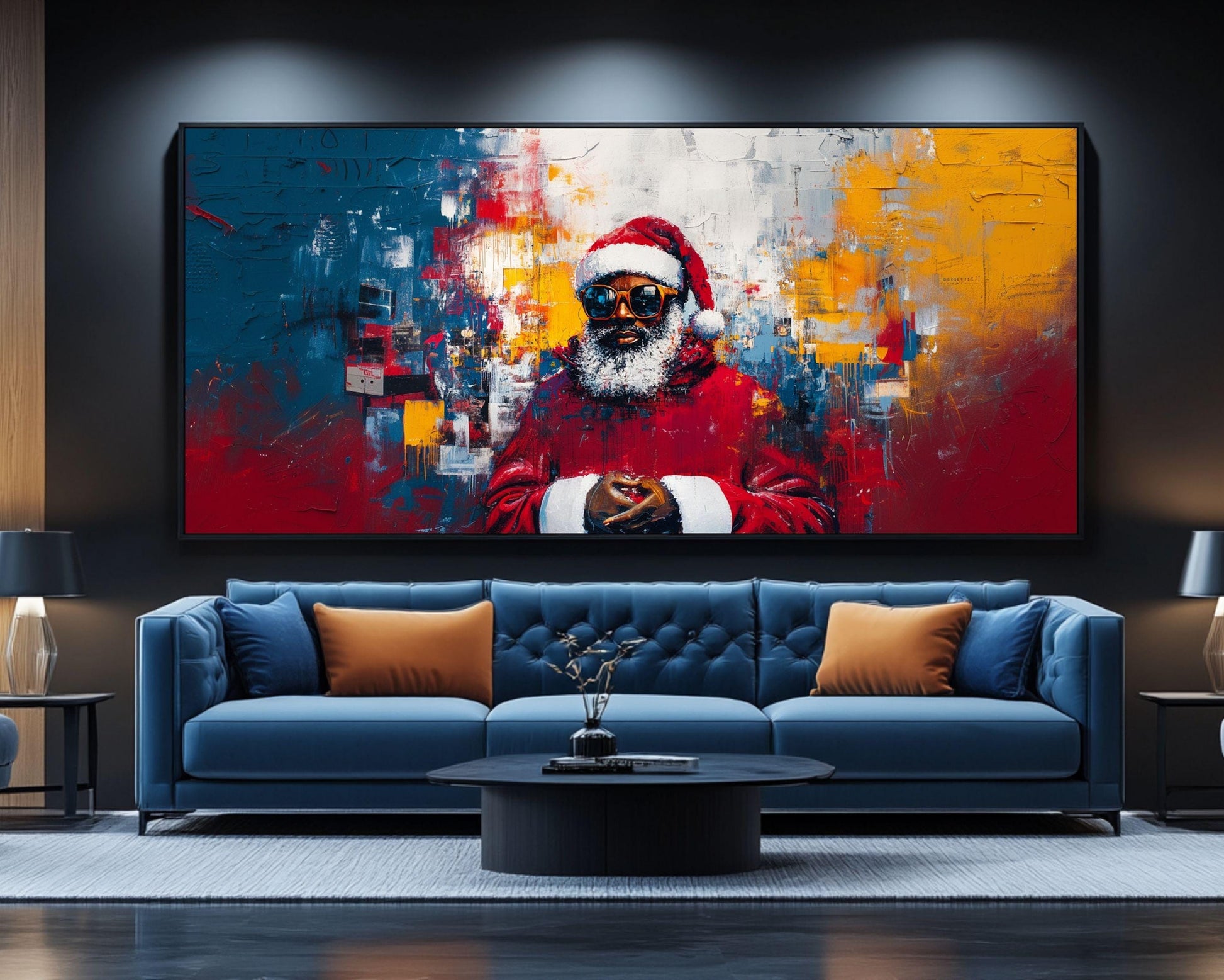 Black Santa Canvas Print - Basquiat-Inspired Urban Christmas Art for Living Room Decor - MoomZee Artwork -