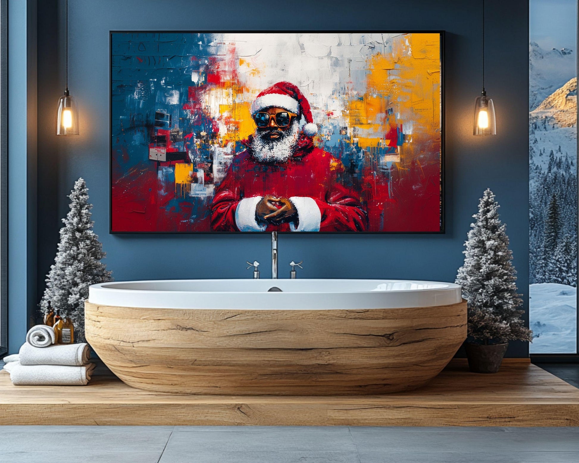 Black Santa Canvas Print - Basquiat-Inspired Urban Christmas Art for Living Room Decor - MoomZee Artwork -