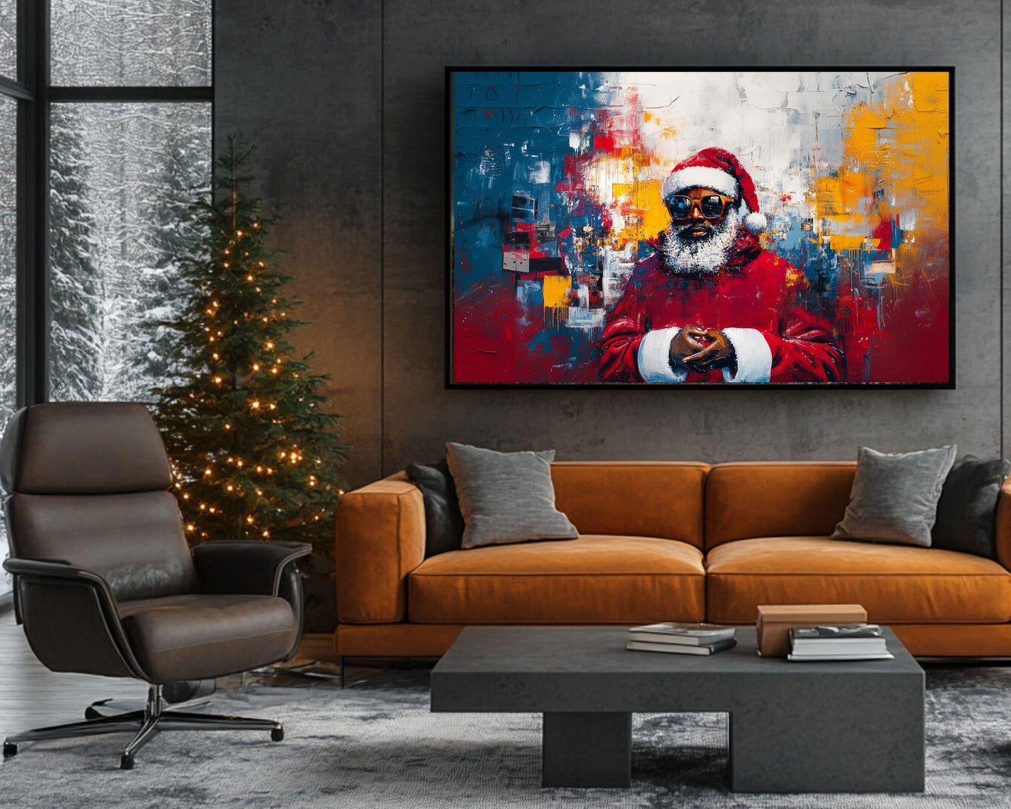 Black Santa Canvas Print - Basquiat-Inspired Urban Christmas Art for Living Room Decor - MoomZee Artwork -