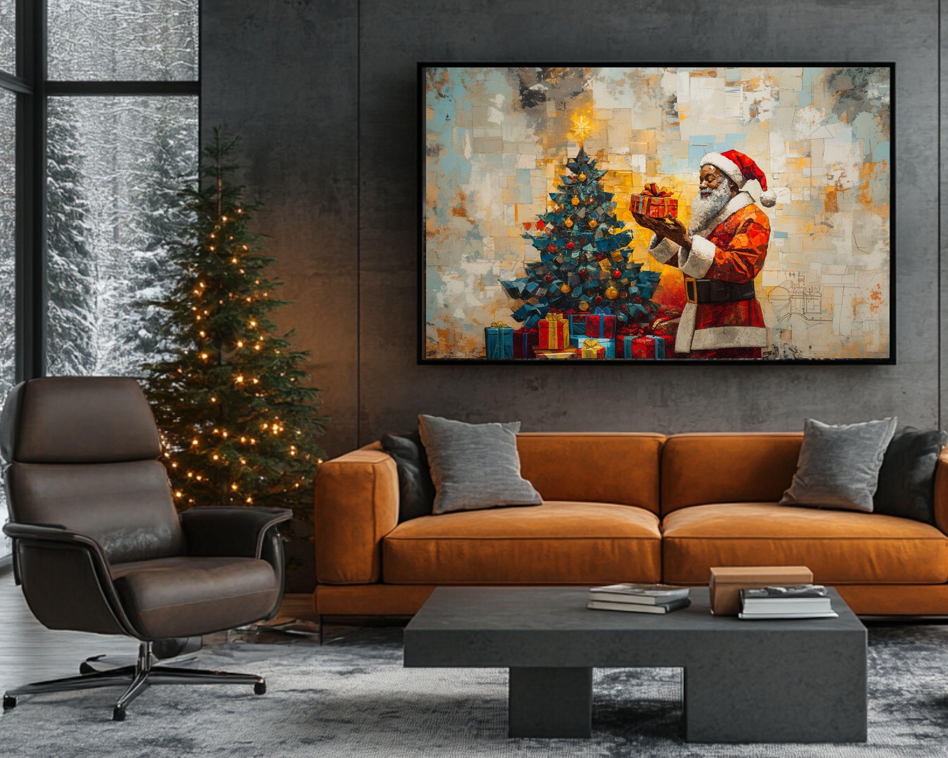 Black Santa Canvas Print - Christmas Decor for Cozy Homes & Gifts - MoomZee Artwork -