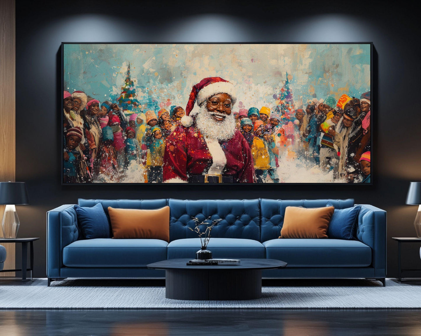 Black Santa Canvas Print - Christmas Scene Kids Room Decor - Festive Holiday Art Gift - MoomZee Artwork -