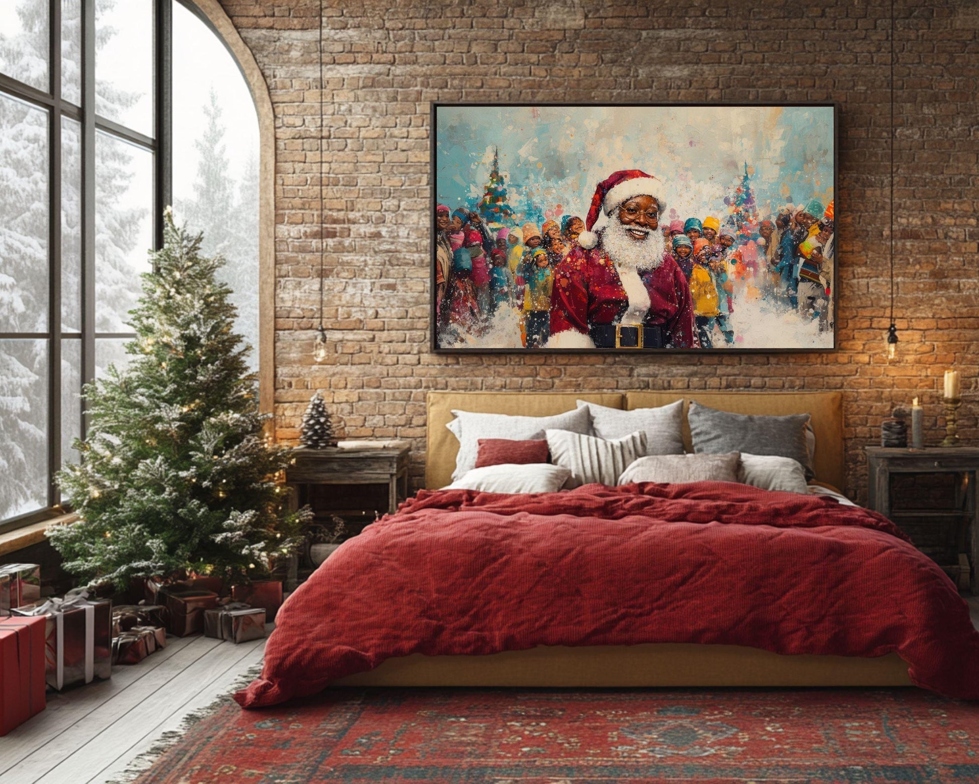 Black Santa Canvas Print - Christmas Scene Kids Room Decor - Festive Holiday Art Gift - MoomZee Artwork -