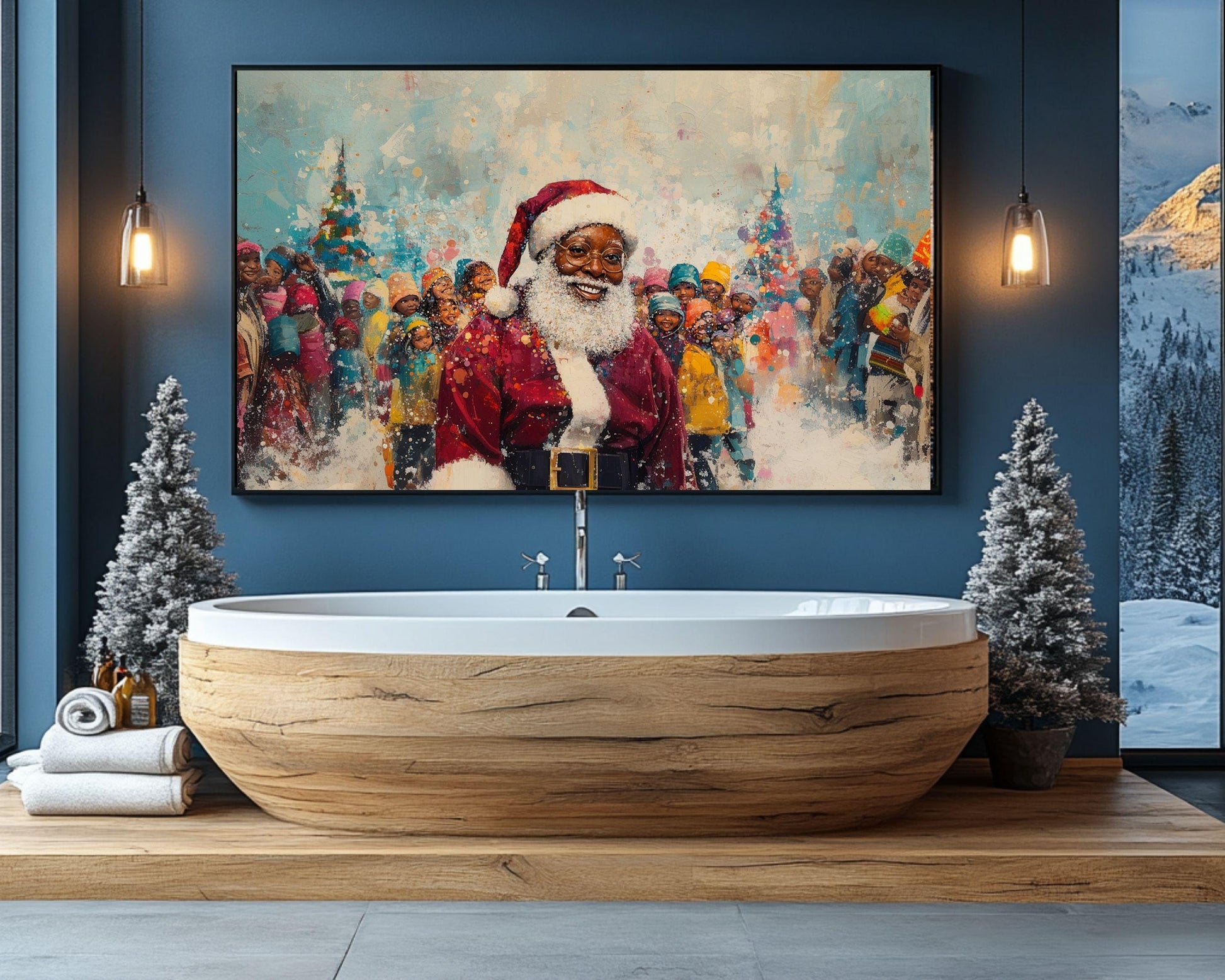 Black Santa Canvas Print - Christmas Scene Kids Room Decor - Festive Holiday Art Gift - MoomZee Artwork -