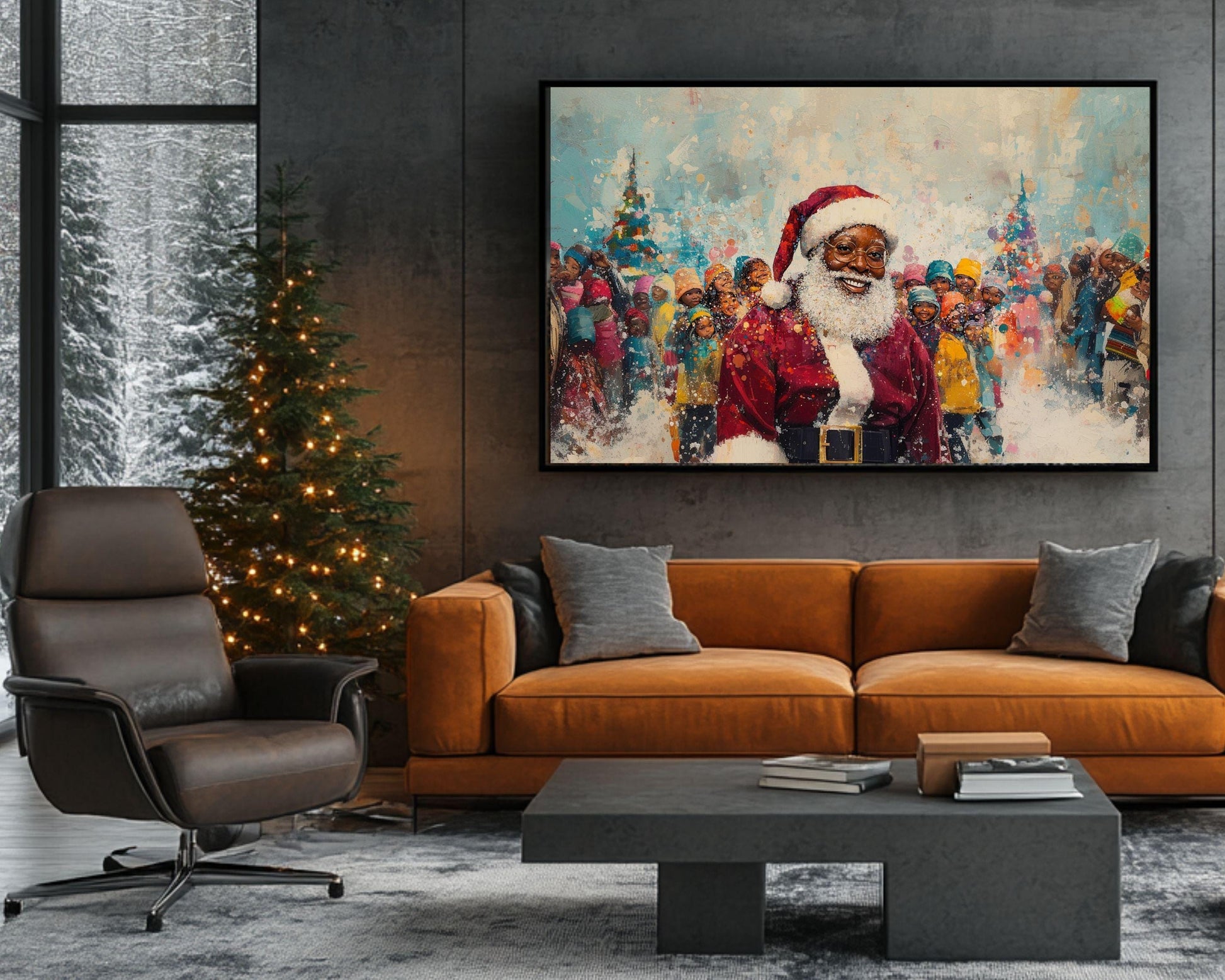 Black Santa Canvas Print - Christmas Scene Kids Room Decor - Festive Holiday Art Gift - MoomZee Artwork -