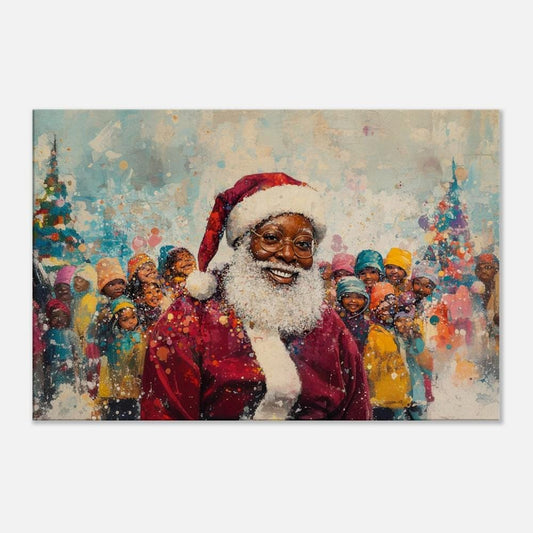 Black Santa Canvas Print - Christmas Scene Kids Room Decor - Festive Holiday Art Gift - MoomZee Artwork -