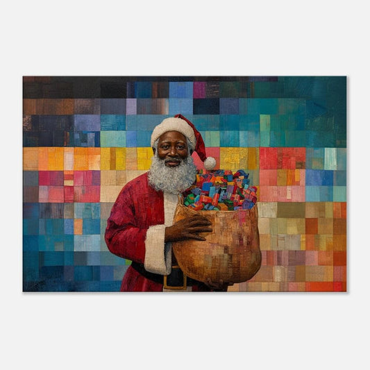 Black Santa Canvas Print - Faith Ringgold Style Holiday Decor for Living Room, Entryway, Office - MoomZee Artwork -