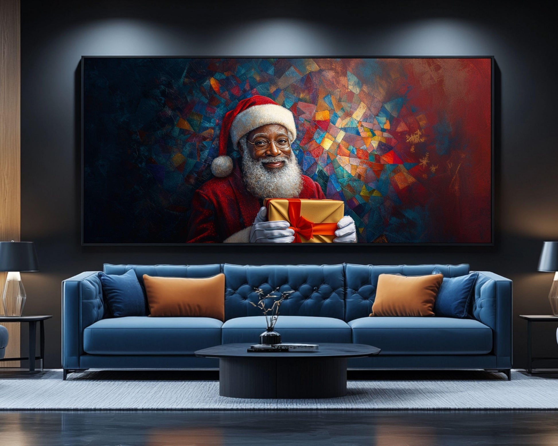 Black Santa Canvas Print - Festive Christmas Decor for Living Room or Office - Vibrant Mosaic Art for Holiday Gifting - MoomZee Artwork -