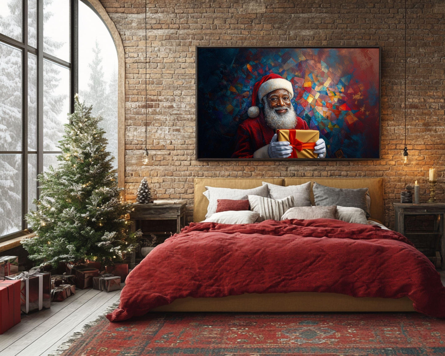 Black Santa Canvas Print - Festive Christmas Decor for Living Room or Office - Vibrant Mosaic Art for Holiday Gifting - MoomZee Artwork -