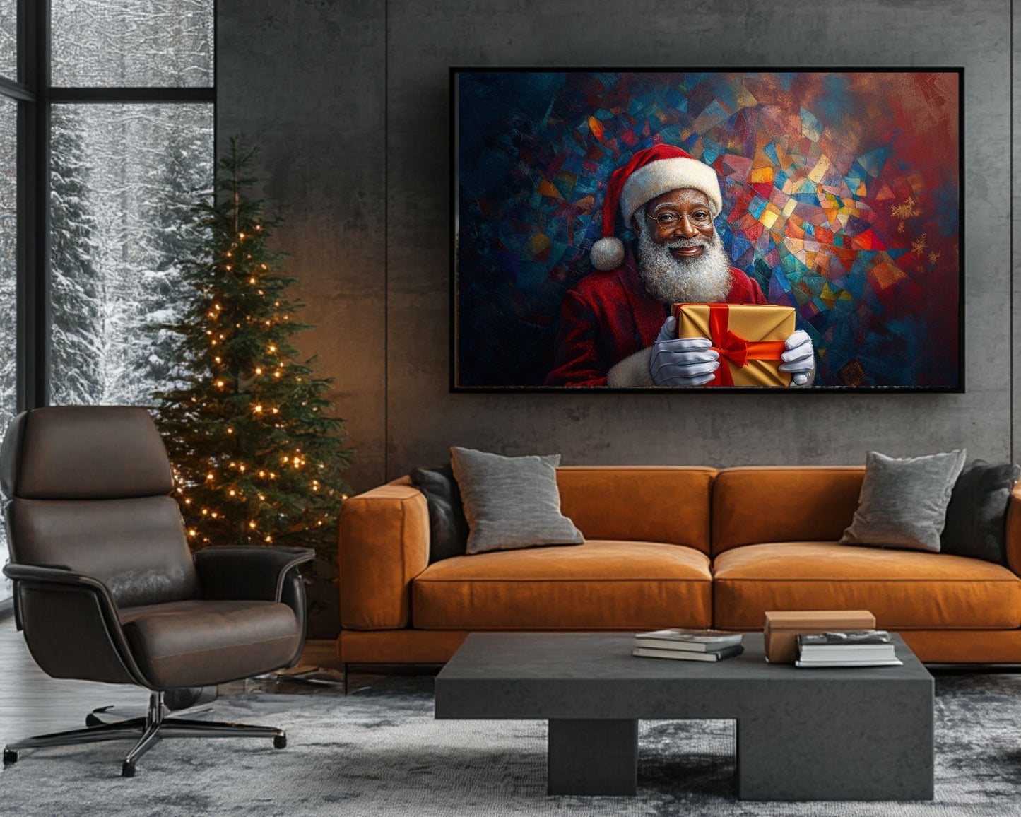 Black Santa Canvas Print - Festive Christmas Decor for Living Room or Office - Vibrant Mosaic Art for Holiday Gifting - MoomZee Artwork -