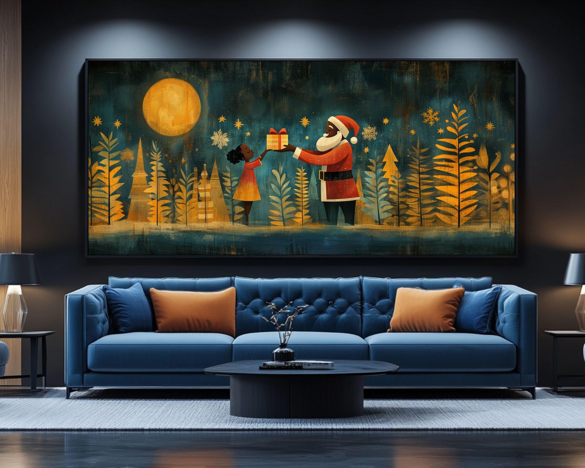 Black Santa Canvas Print - Festive Christmas & Winter Decor for Living Room or Kids' Room - Unique African American Holiday Art Gift - MoomZee Artwork -