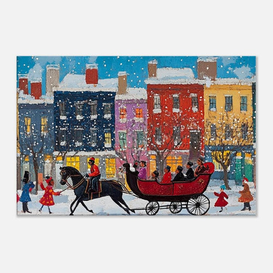 Black Santa Canvas Print - Festive Town Sleigh Ride Art for Christmas Holiday Decor - MoomZee Artwork -