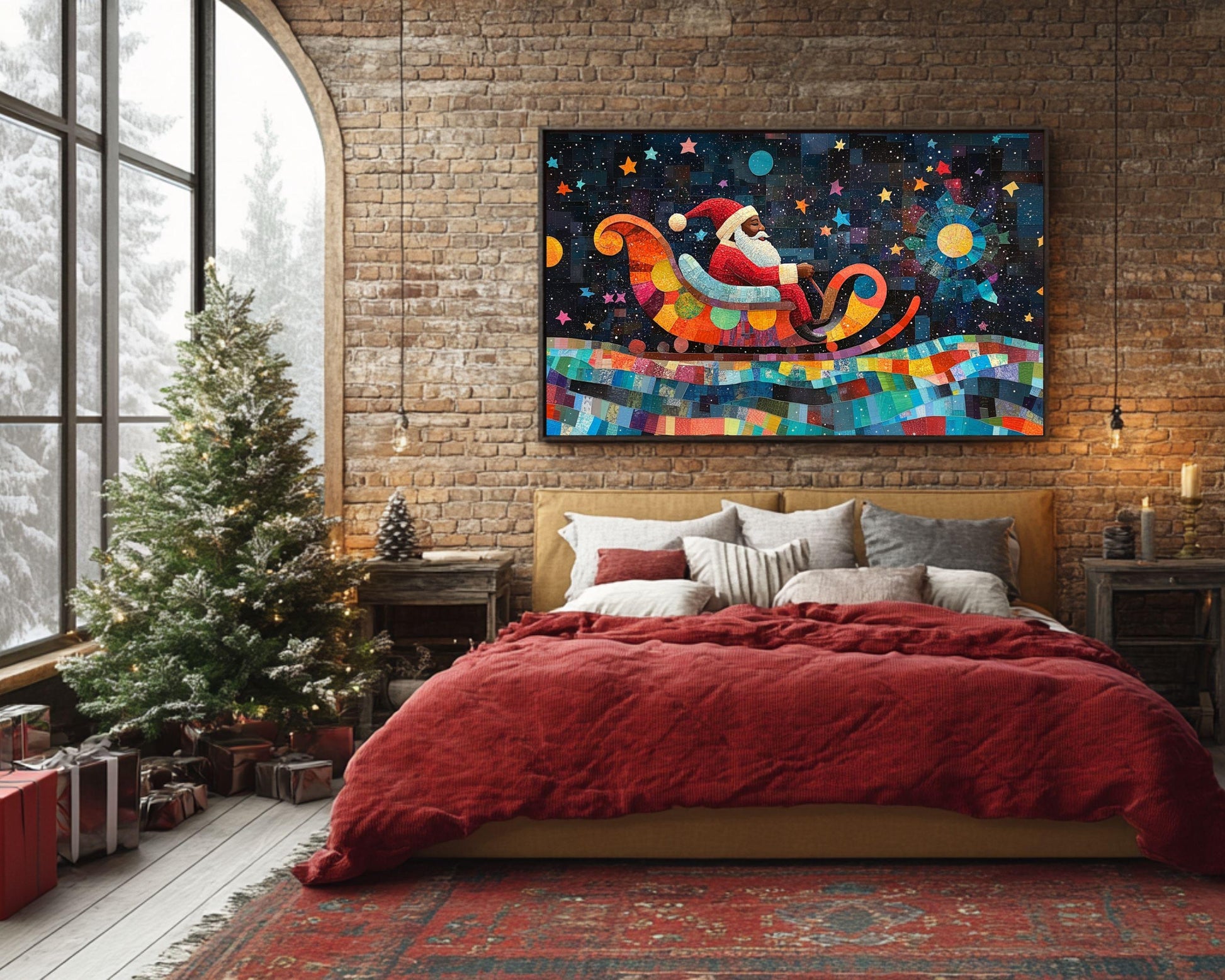 Black Santa Canvas Print - Quilt-Style Sleigh Art for Holiday & Thanksgiving Décor - MoomZee Artwork -