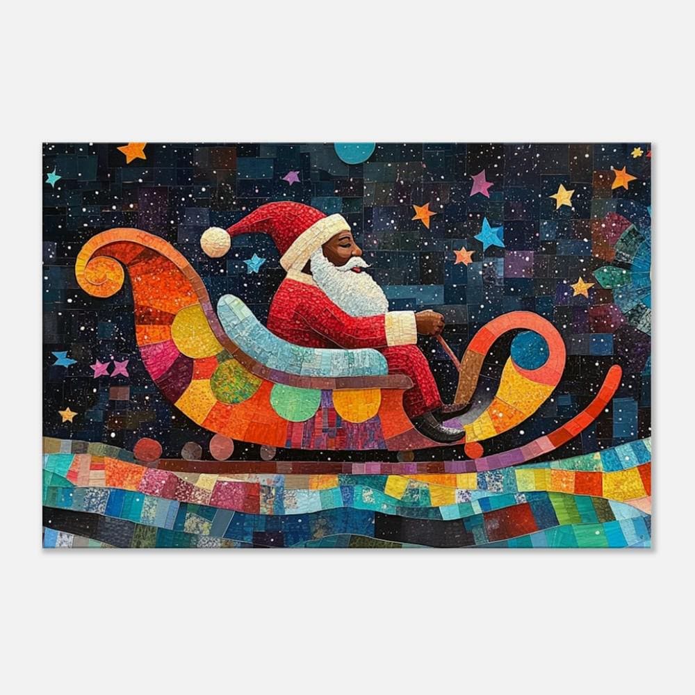 Black Santa Canvas Print - Quilt-Style Sleigh Art for Holiday & Thanksgiving Décor - MoomZee Artwork -