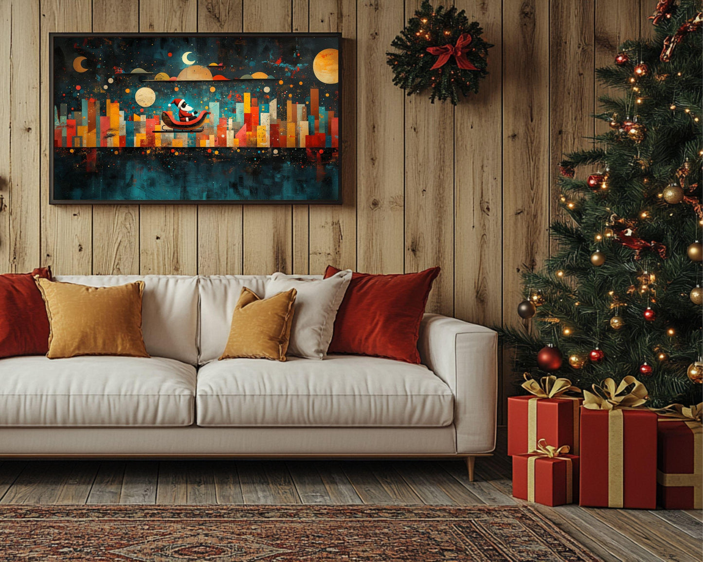 Black Santa Canvas Print – Sleigh Ride Christmas Decor for Modern Homes, Living Room Art, African American Holiday Gift - MoomZee Artwork -