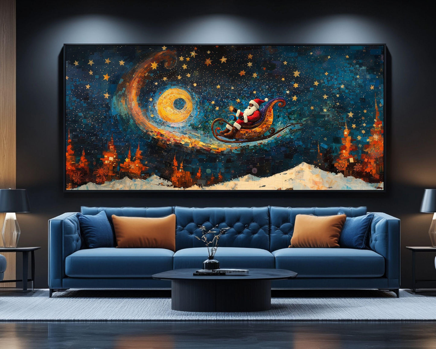 Black Santa Canvas Print - Stellar Sleigh Ride Holiday Decor, Vibrant Kids Room Art - MoomZee Artwork -