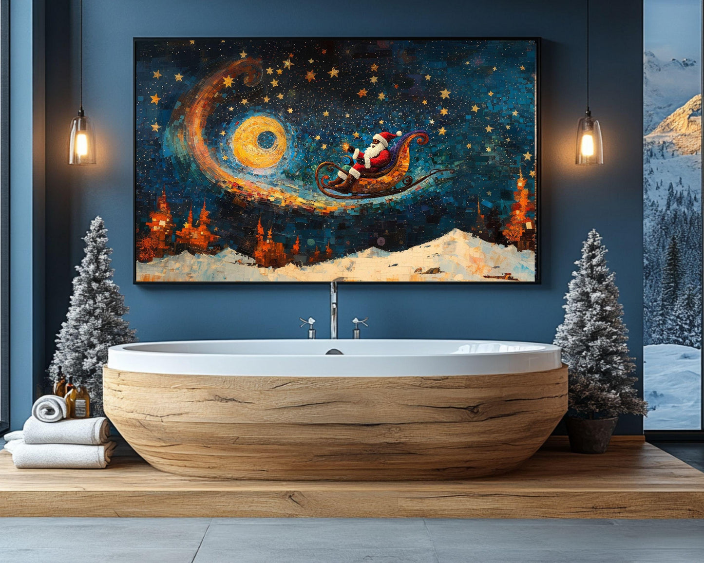 Black Santa Canvas Print - Stellar Sleigh Ride Holiday Decor, Vibrant Kids Room Art - MoomZee Artwork -