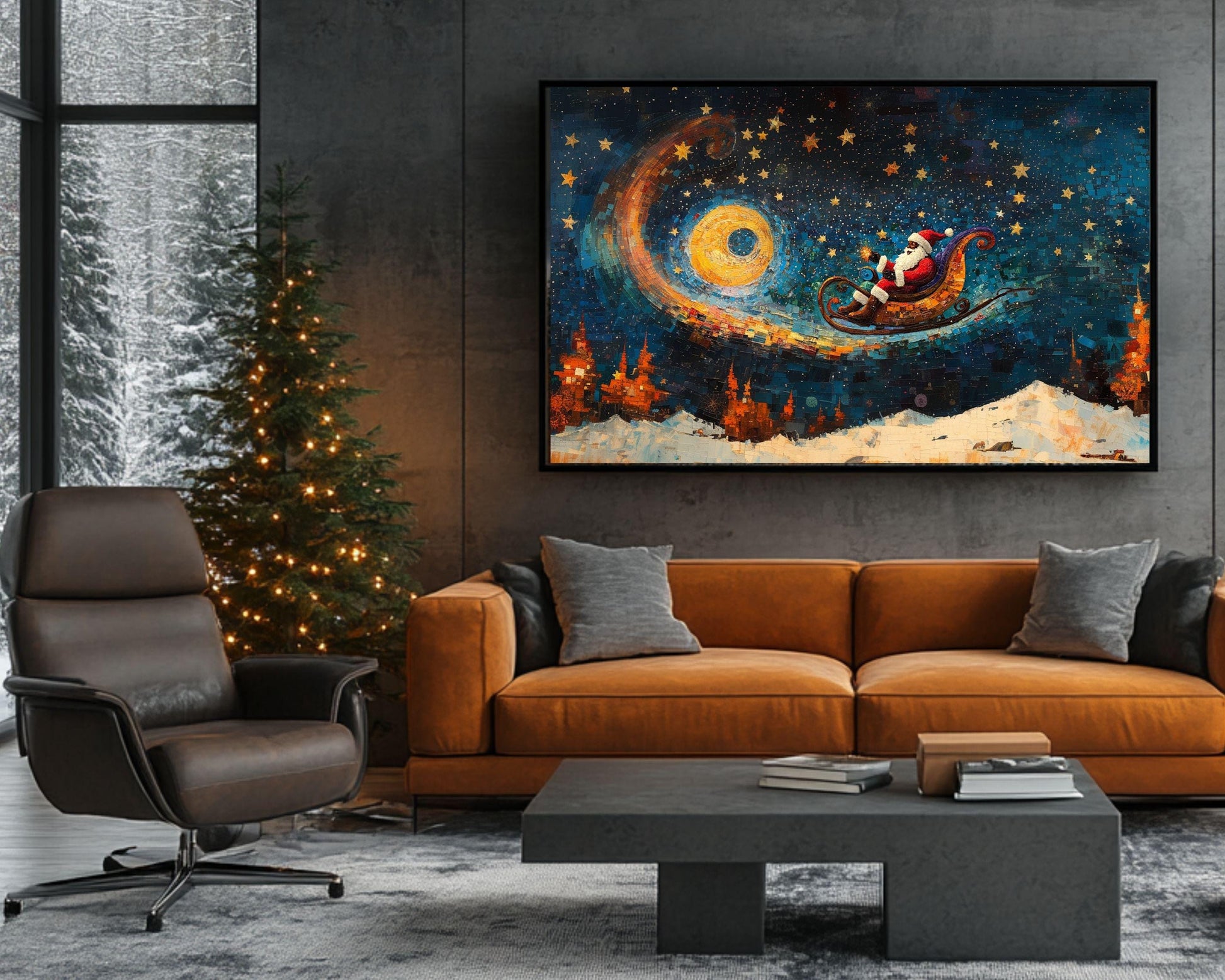 Black Santa Canvas Print - Stellar Sleigh Ride Holiday Decor, Vibrant Kids Room Art - MoomZee Artwork -